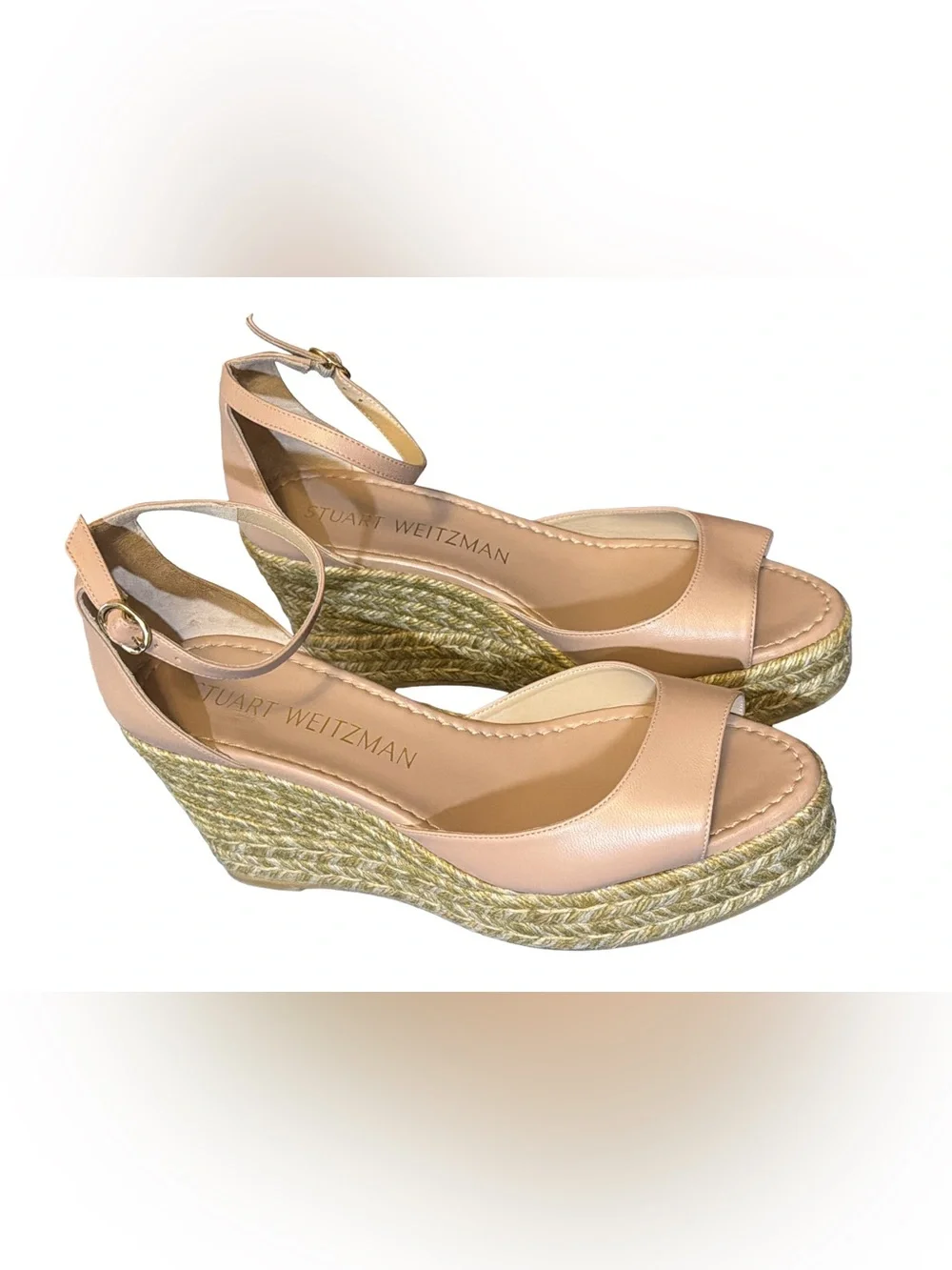 Stuart Weitzman Nude Leather Nudist Wedge Espadrille Sandal 10.5 + Dust Bag NWT